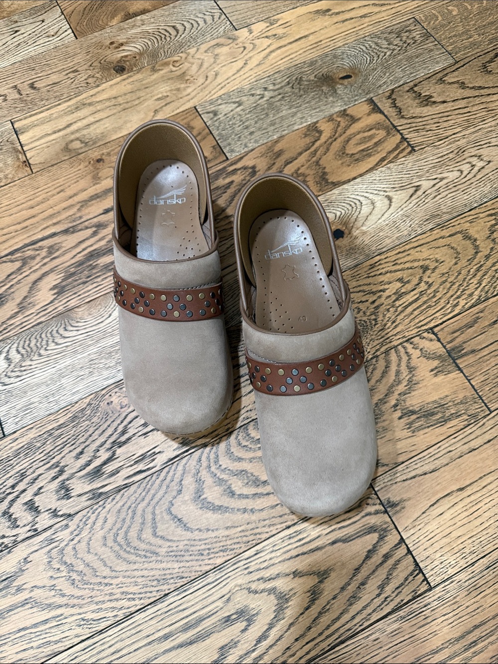 Dansko Taupe Suede Clogs with Brown Studded Strap